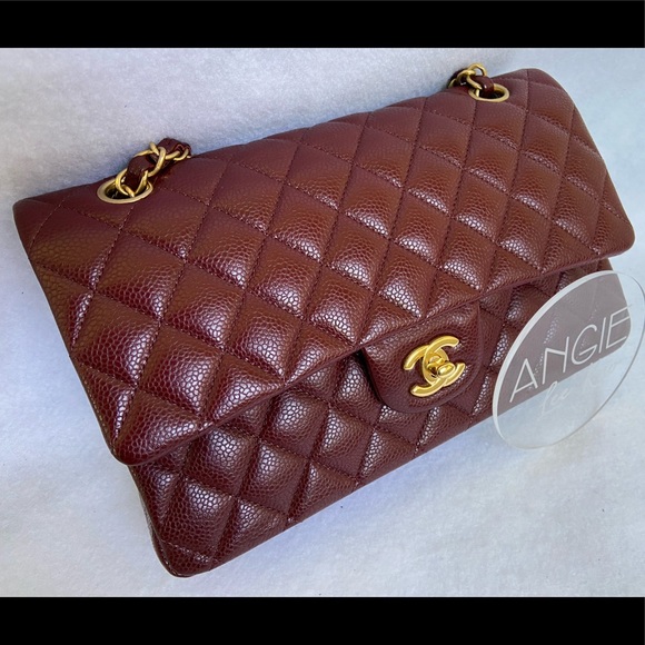 SOLD 15B CHANEL Classic Medium Double Flap Burgundy Caviar Brush Matte Gold HWR - Picture 6 of 16